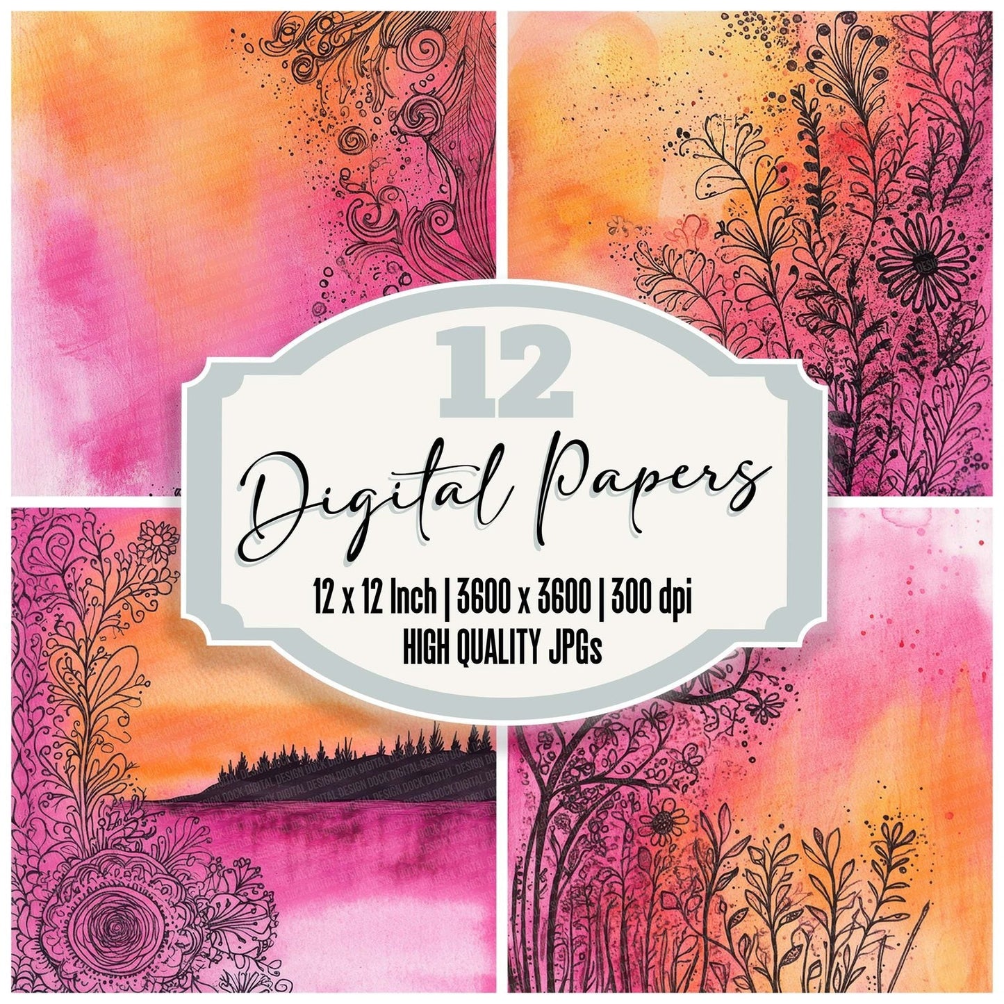 Rainbow Bloom Linework Digital Paper Pack (DDD003131)
