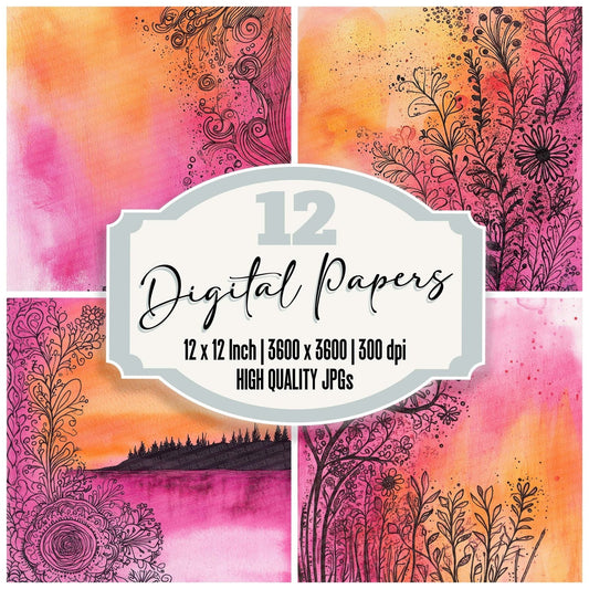 Rainbow Bloom Linework Digital Paper Pack (DDD003131)