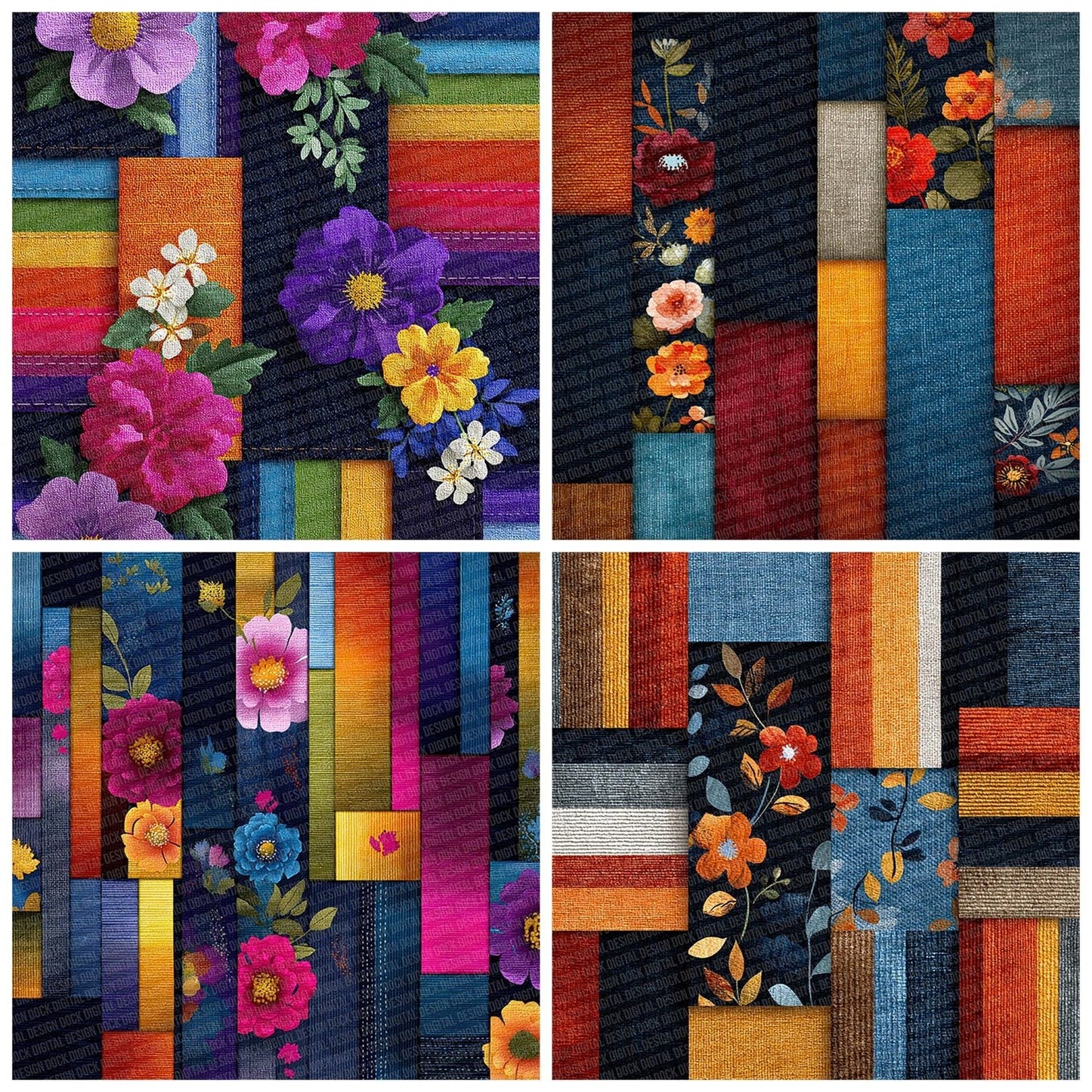 Rainbow Denim Cord Patchwork Fabric Digital Paper Pack (DDD003136)