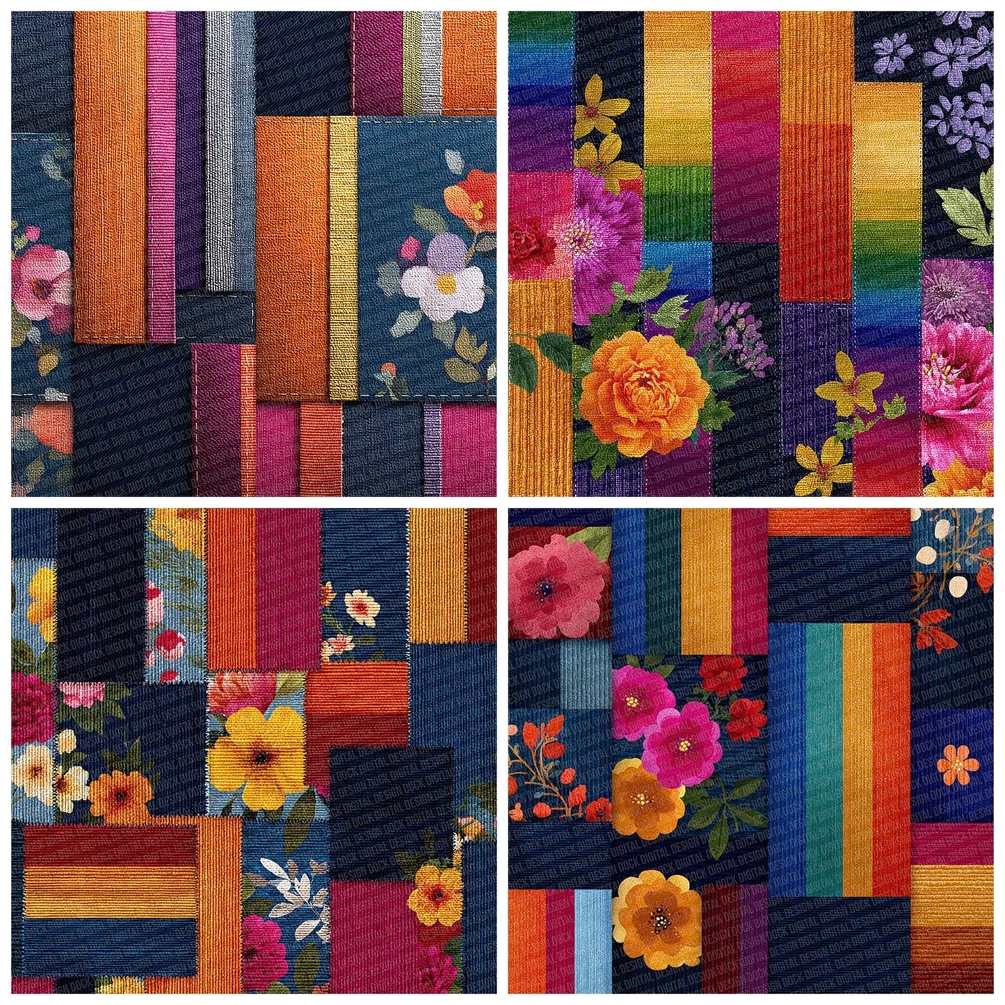 Rainbow Denim Cord Patchwork Fabric Digital Paper Pack (DDD003136)