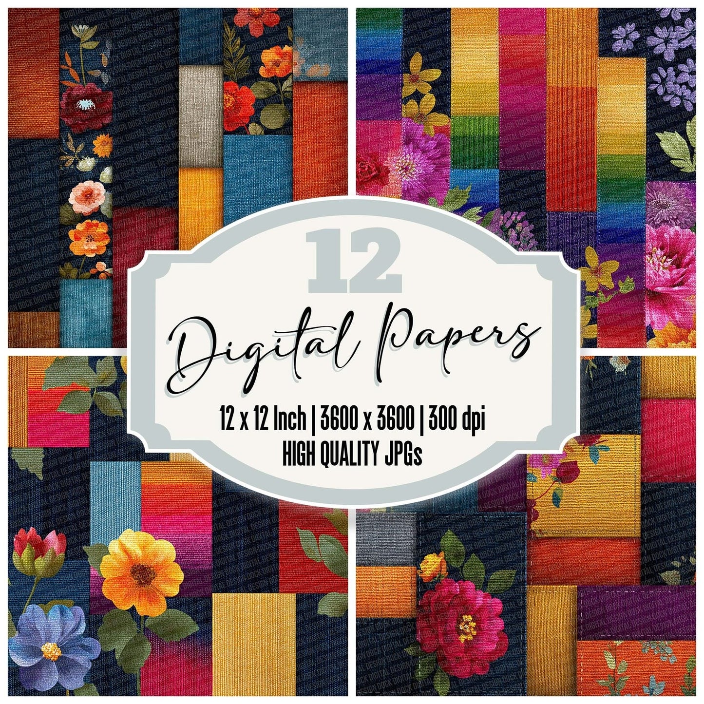 Rainbow Denim Cord Patchwork Fabric Digital Paper Pack (DDD003136)