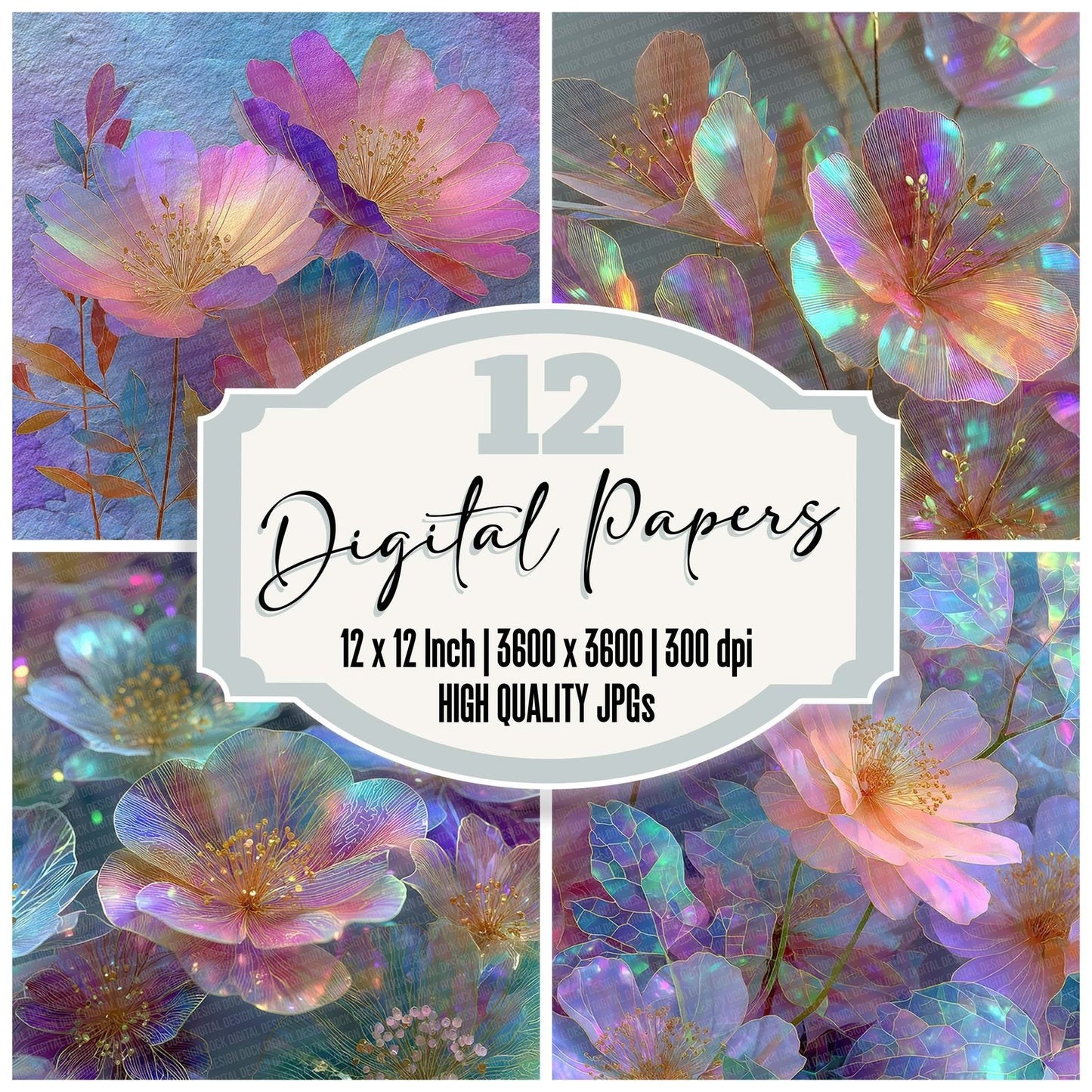 Rainbow Foil Flowers Digital Paper Pack (DDD003144)