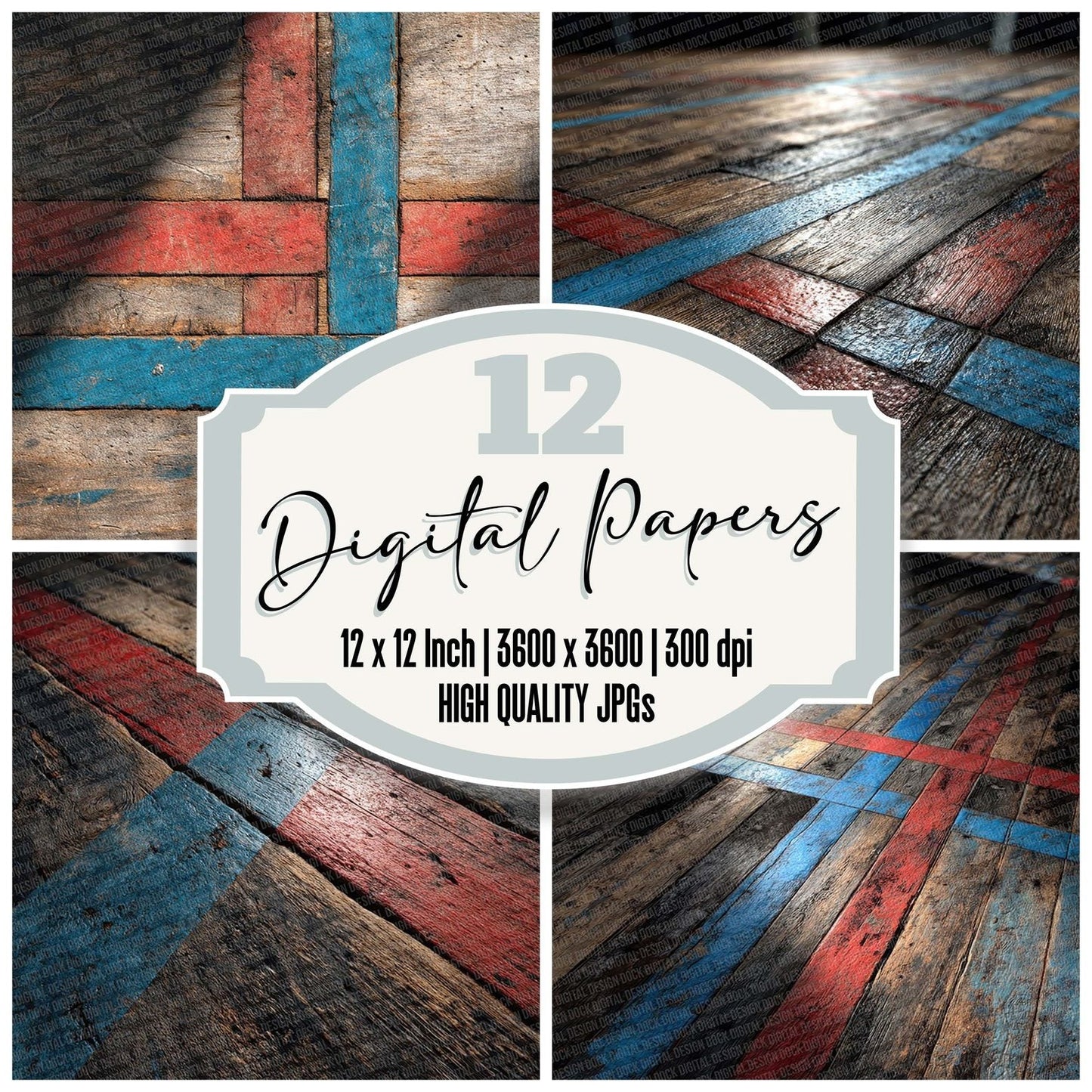 Red Blue Sports Hall Floor Digital Paper Pack (DDD003173)