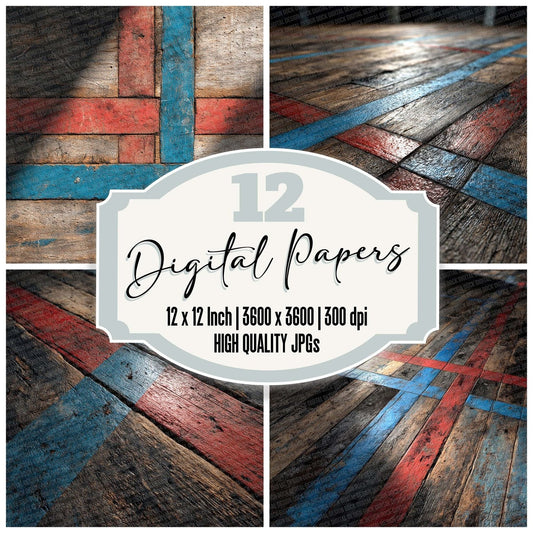Red Blue Sports Hall Floor Digital Paper Pack (DDD003173)