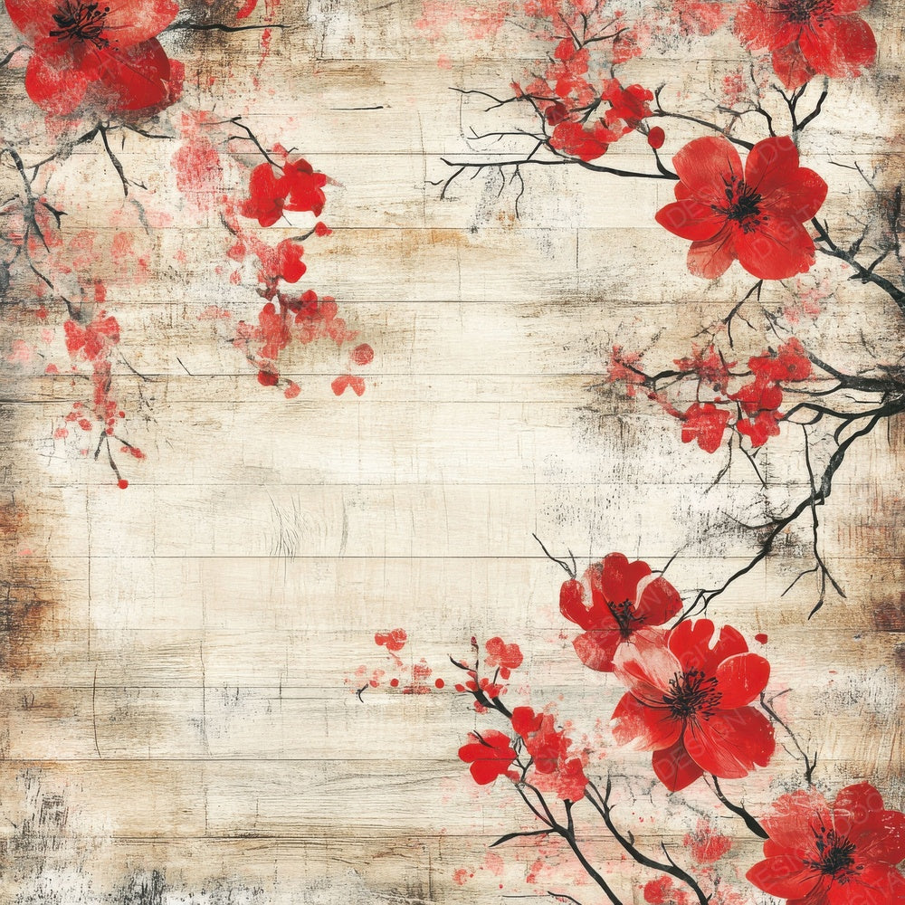 Red Floral Wood Background Digital Paper Pack (DDD003179)