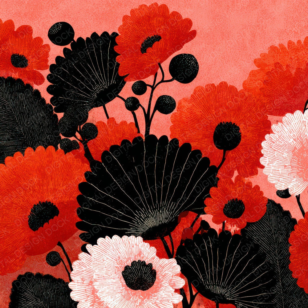 Red Folk Block Floral Background Digital Paper Pack (DDD007864)