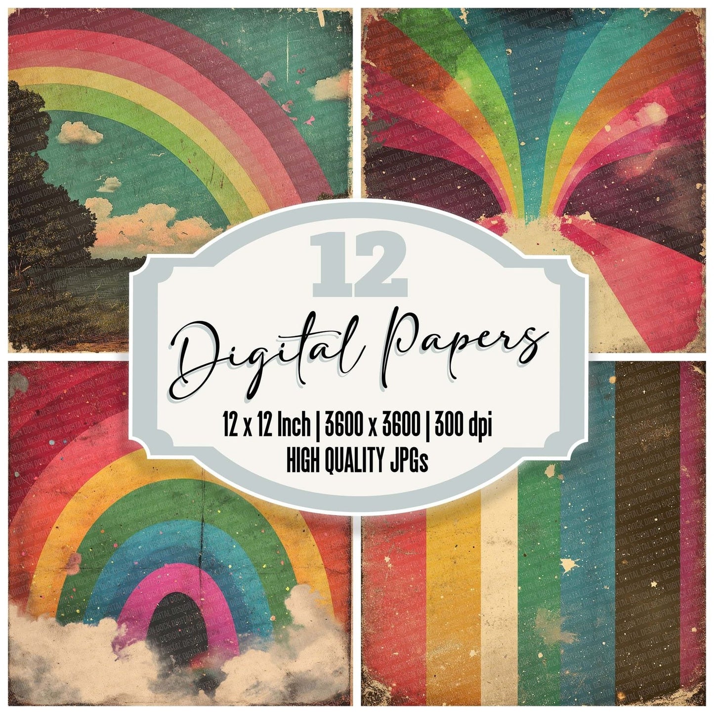 Retro Rainbow Grunge Digital Paper Pack (DDD003217)