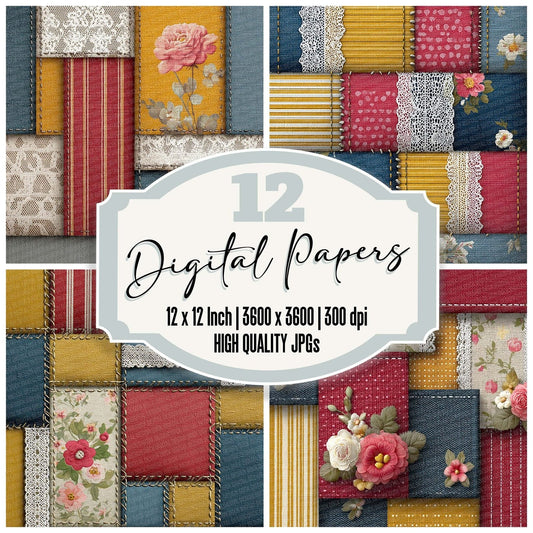 Retro Stripe Denim Patchwork Fabric Digital Paper Pack (DDD003220)