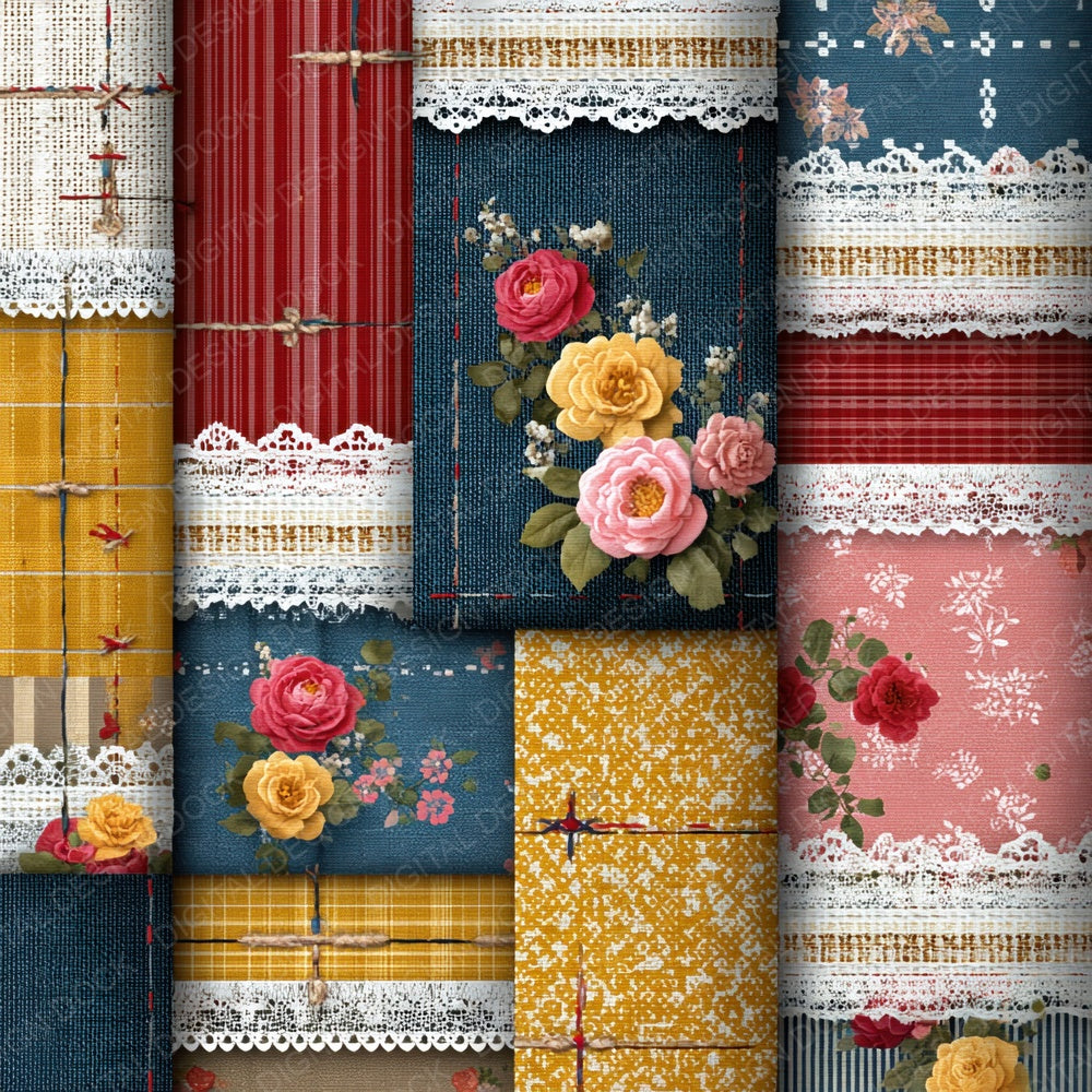 Retro Stripe Denim Patchwork Fabric Digital Paper Pack (DDD003220)