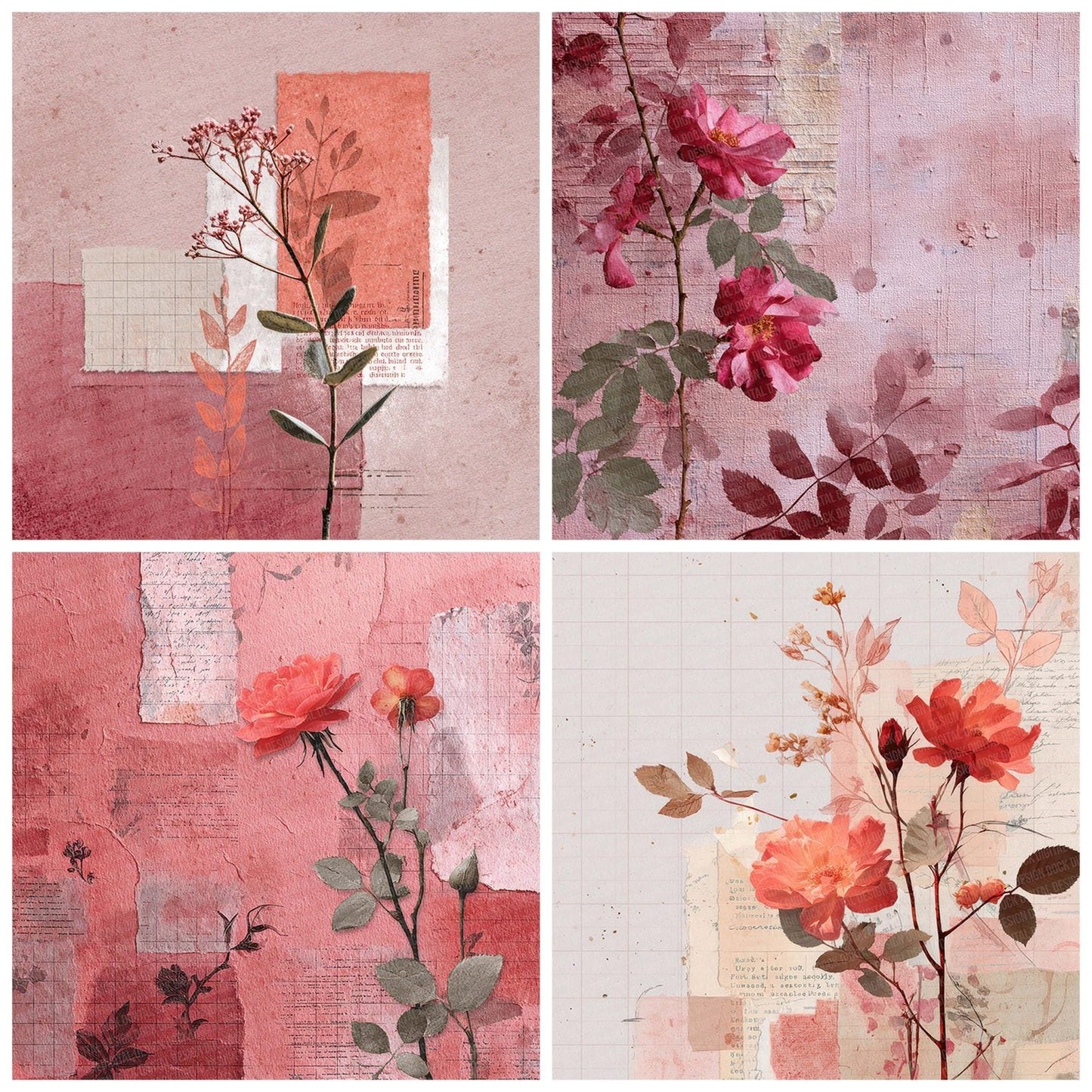 Rose Stamp Grid Digital Paper Pack (DDD003282)