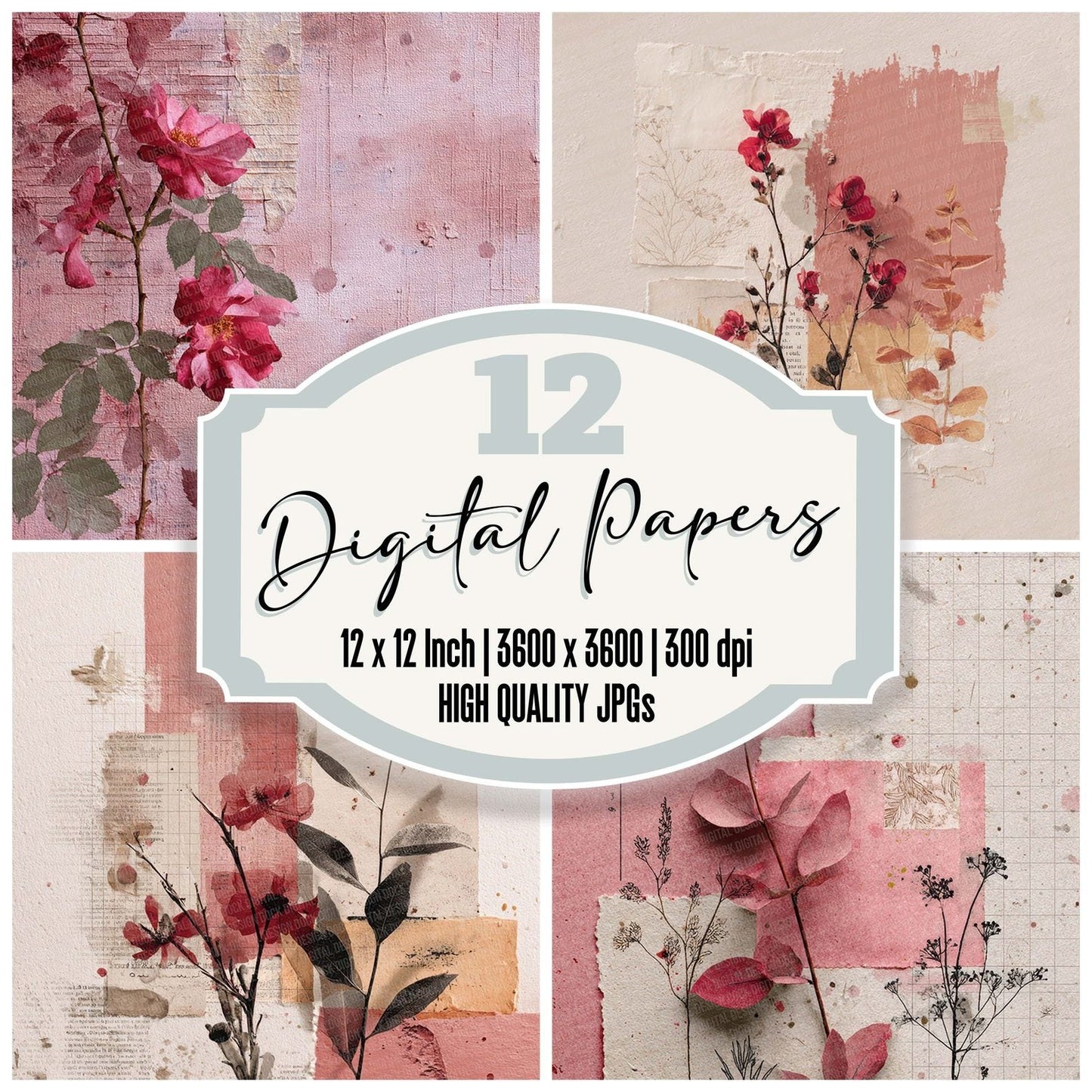 Rose Stamp Grid Digital Paper Pack (DDD003282)