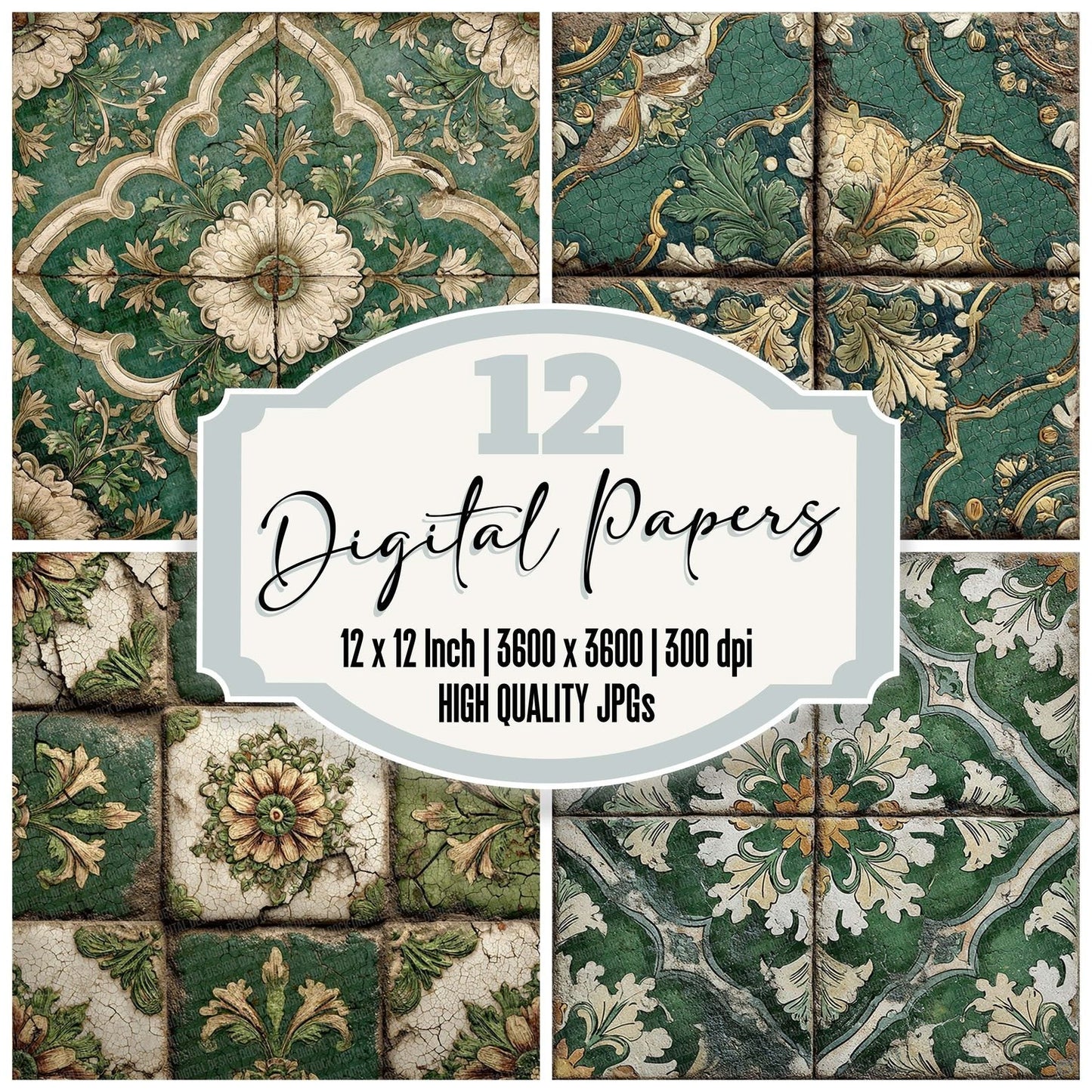 Sage Floral Tile Pattern Digital Paper Pack (DDD003346)