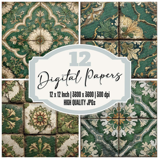 Sage Floral Tile Pattern Digital Paper Pack (DDD003346)