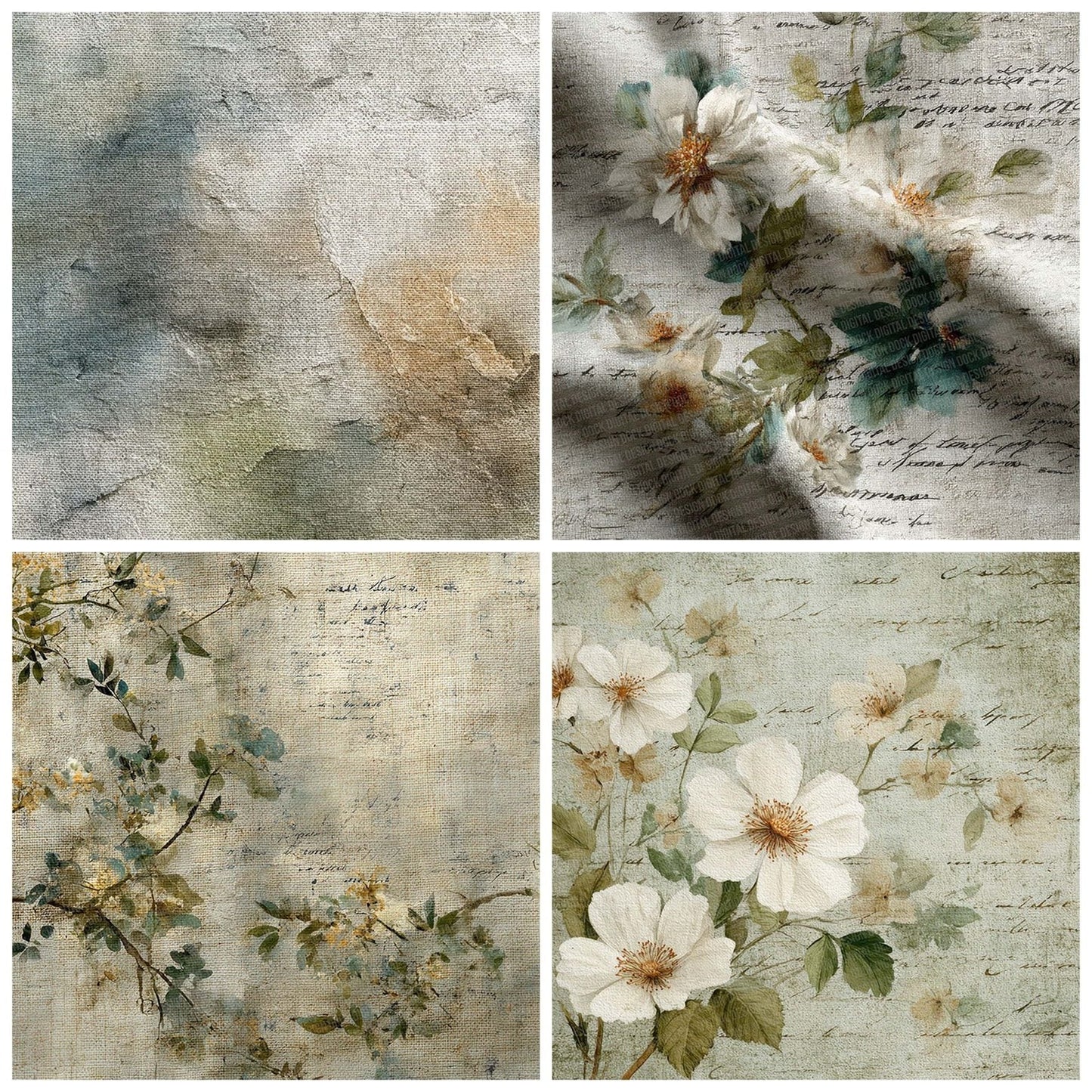 Sage Linen Fabric Layer Floral Script Digital Paper Pack (DDD003353)