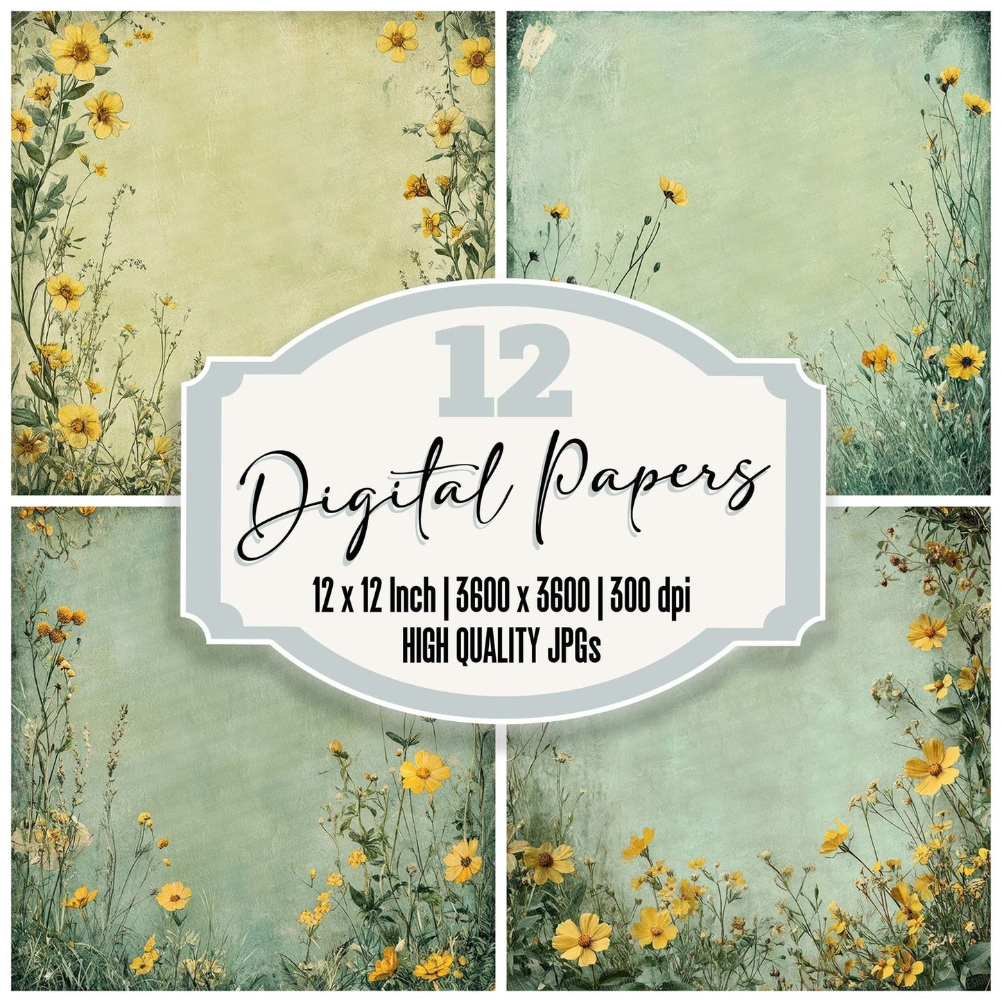 Sage Yellow Bloom Border Digital Paper Pack (DDD003359)