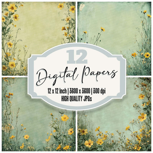 Sage Yellow Bloom Border Digital Paper Pack (DDD003359)