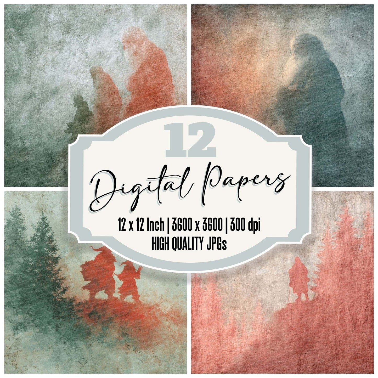Santa Evergreen Christmas Background Digital Paper Pack (DDD003389)