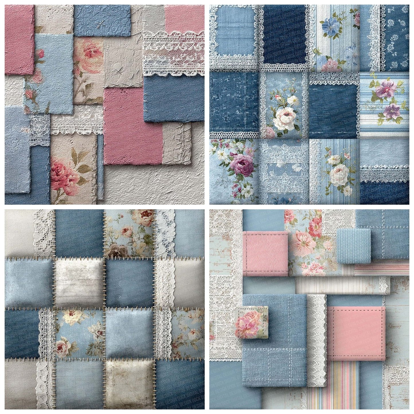 Shabby Floral Denim Patchwork Fabric Digital Paper Pack (DDD003461)