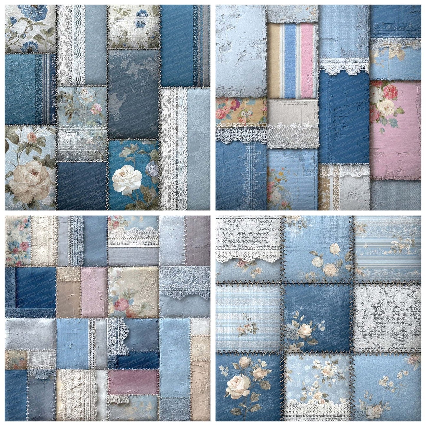 Shabby Floral Denim Patchwork Fabric Digital Paper Pack (DDD003461)