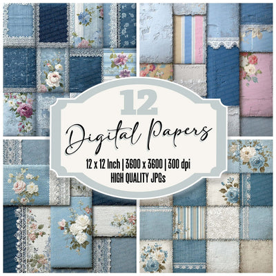 Shabby Floral Denim Patchwork Fabric Digital Paper Pack (DDD003461)