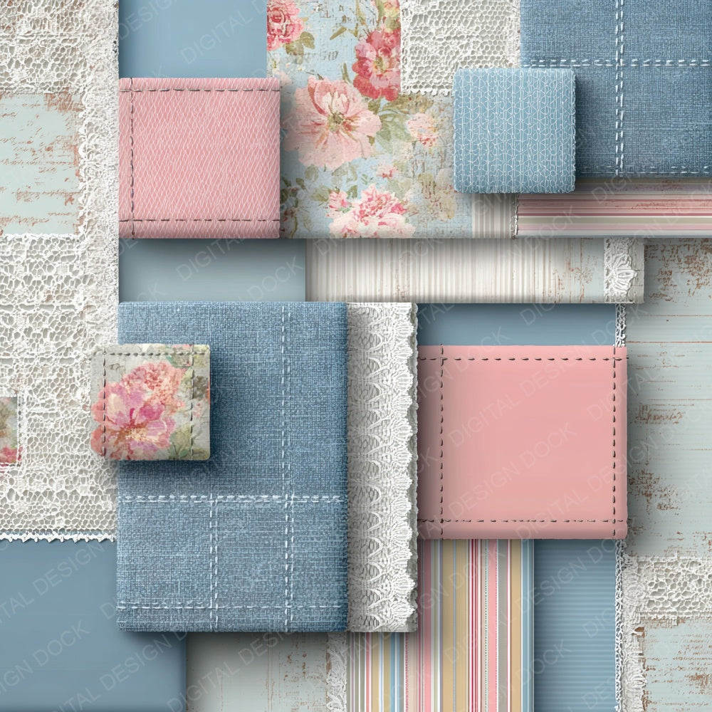 Shabby Floral Denim Patchwork Fabric Digital Paper Pack (DDD003461)