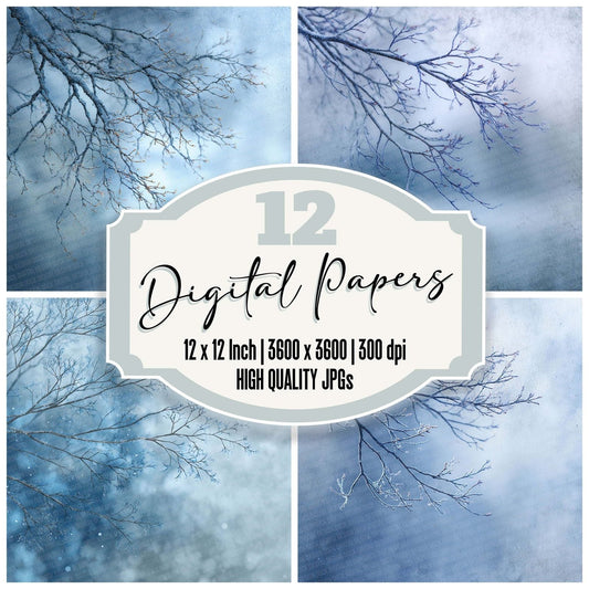 Silver Branch Winter Background Digital Paper Pack (DDD003491)