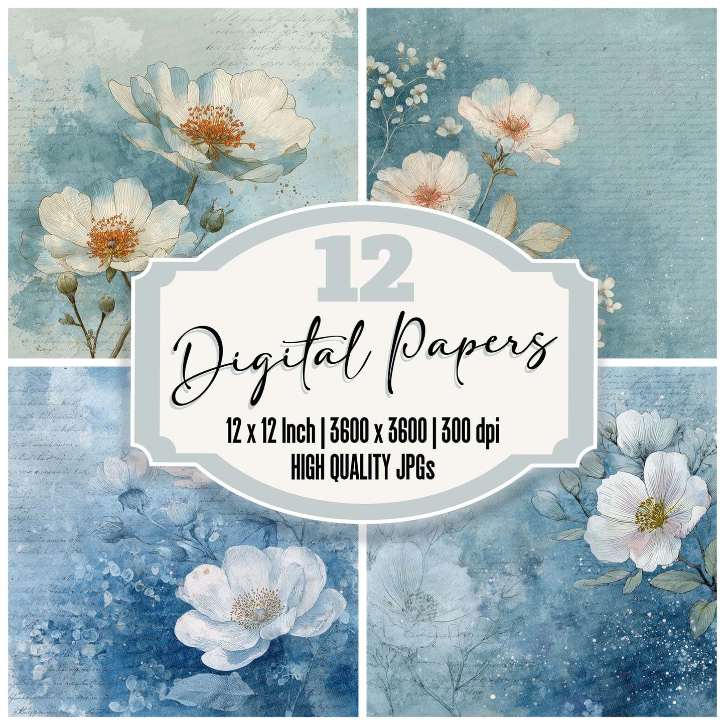 Sky Blue Floral Layer Digital Paper Pack (DDD003714)