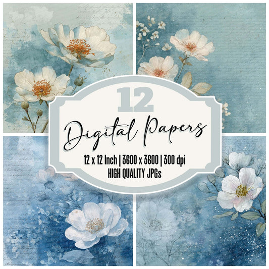 Sky Blue Floral Layer Digital Paper Pack (DDD003714)