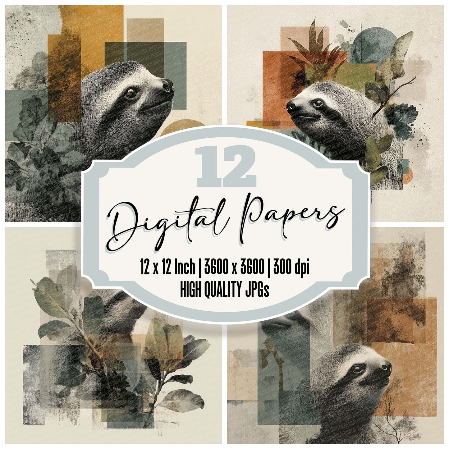 Sloth Jungle Moodboard Digital Paper Pack (DDD003732)