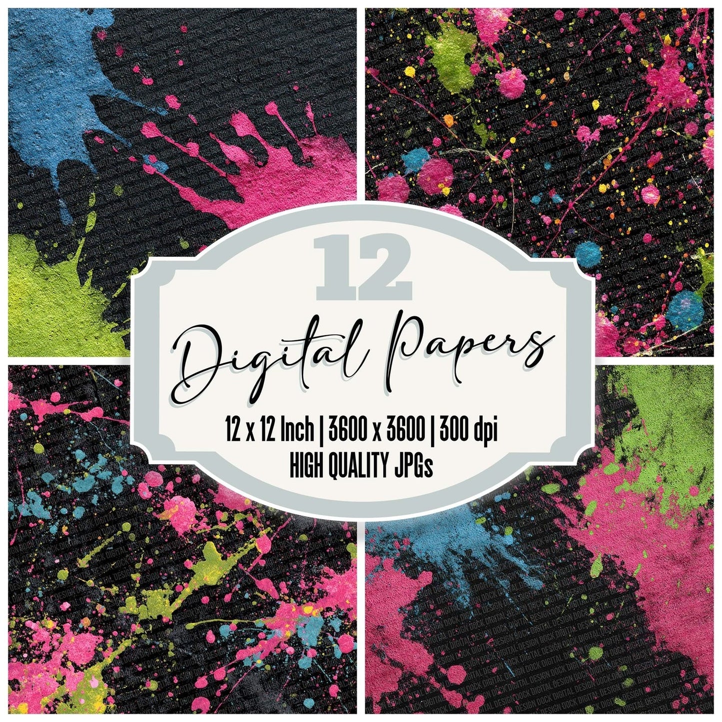 Splatter Neon Pink Lime Blue Digital Paper Pack (DDD003802)