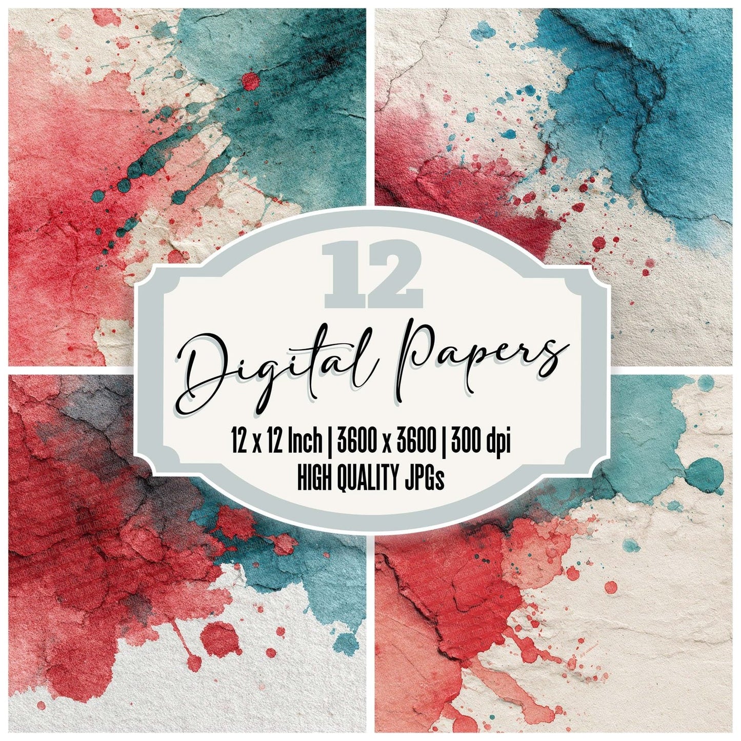 Splatter Turquoise Red Digital Paper Pack (DDD003813)