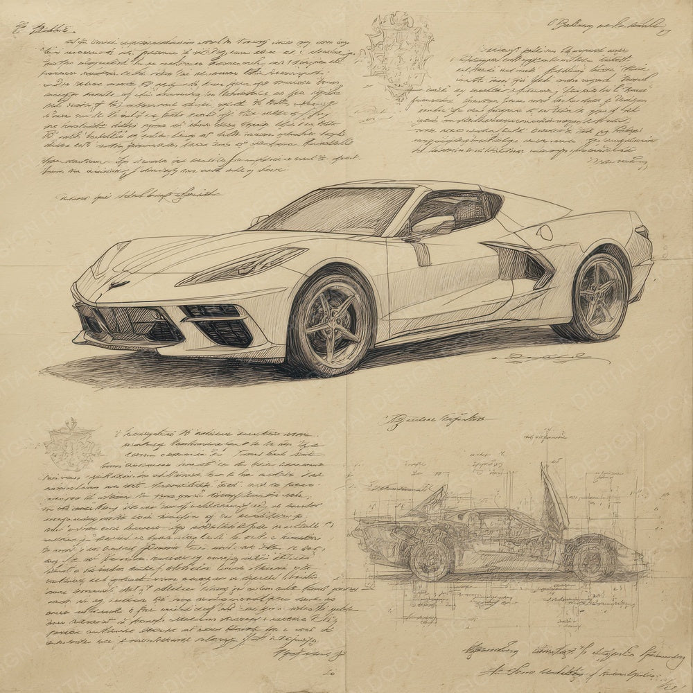 Sports Car Sketch Sleek Body Draft Digital Paper Pack (DDD003823)