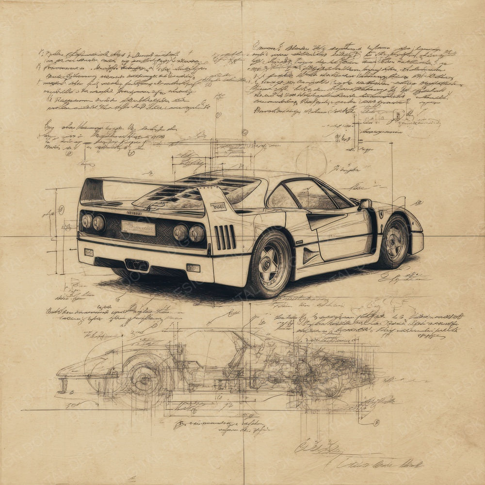Sports Car Sketch Supercar Classic Plate Digital Paper Pack (DDD003824)