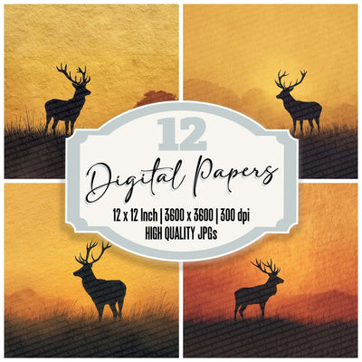 Stag Sunset Silhouette digital paper pack cover showing four of the 12 papers
