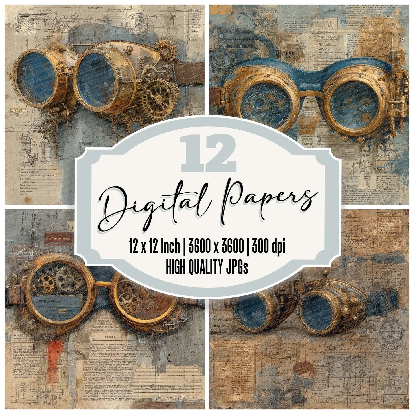 Steampunk Gear Collage Digital Paper Pack (DDD003848)
