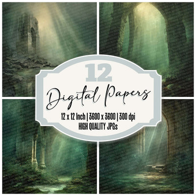 Sunken Chapel Mist digital paper pack cover showing four of the 12 papers