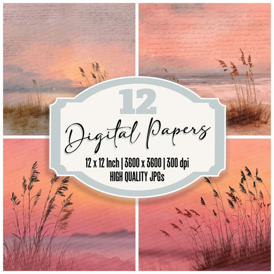 Sunset Dune Script Grass Digital Paper Pack (DDD003908)