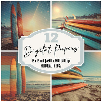 Surfboard Silhouettes digital paper pack cover showing four of the 12 papers