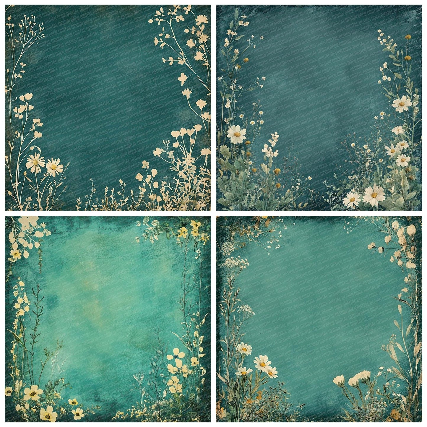 Teal Cream Flower Border Digital Paper Pack (DDD003957)