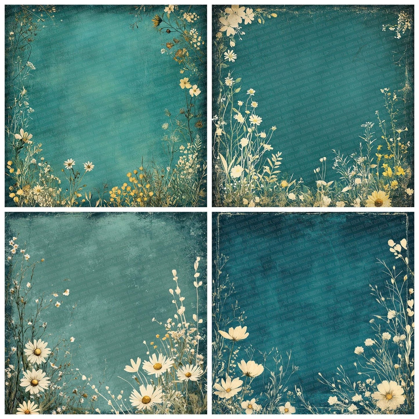 Teal Cream Flower Border Digital Paper Pack (DDD003957)