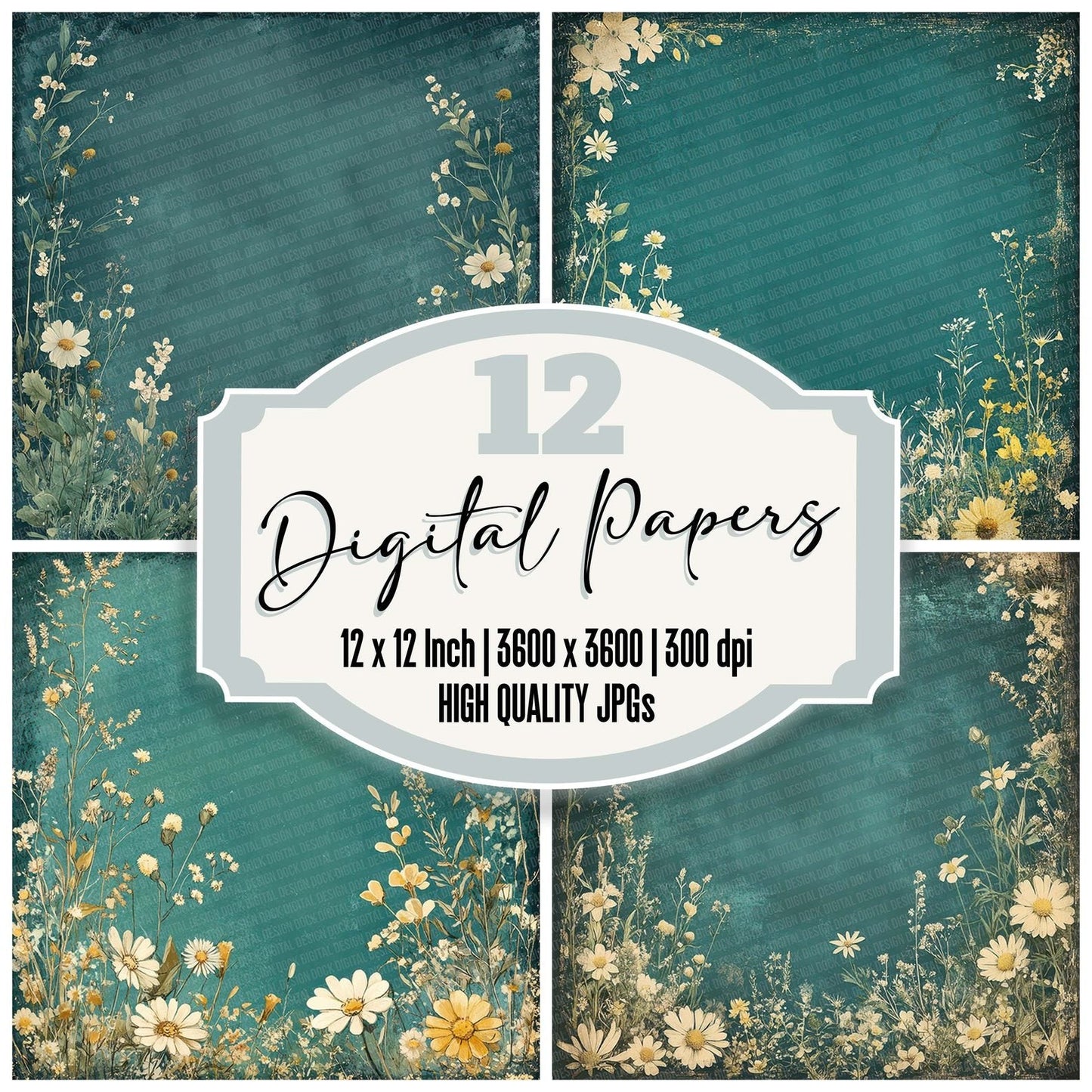 Teal Cream Flower Border Digital Paper Pack (DDD003957)