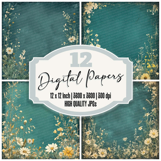 Teal Cream Flower Border Digital Paper Pack (DDD003957)