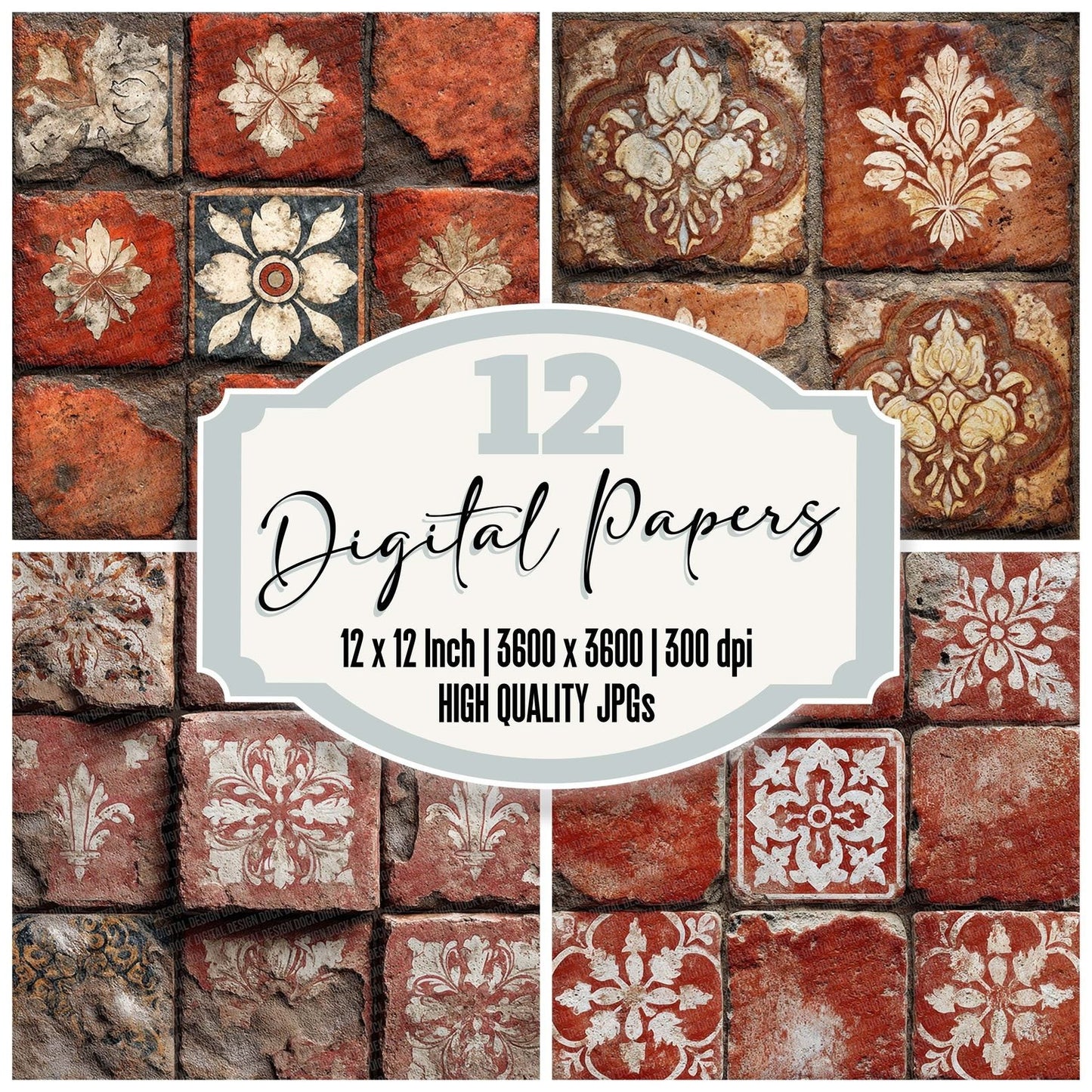 Terracotta Cream Hand Painted Tile Pattern Digital Paper Pack (DDD003980)