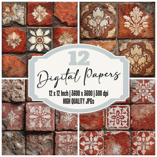 Terracotta Cream Hand Painted Tile Pattern Digital Paper Pack (DDD003980)