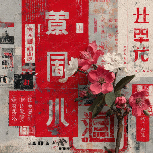 Tokyo Collage Red White Blossom Digital Paper Pack (DDD004015)