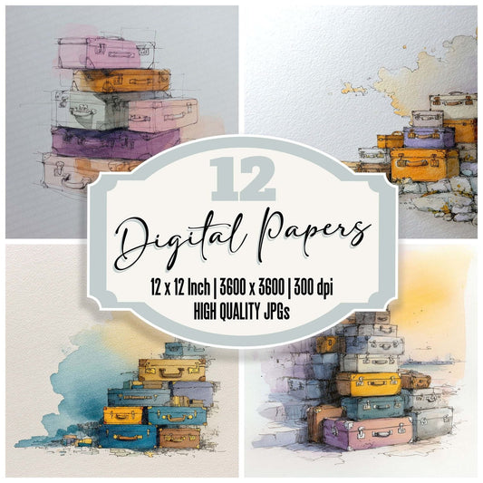 Travel Suitcase Line Wash Digital Paper Pack (DDD004053)