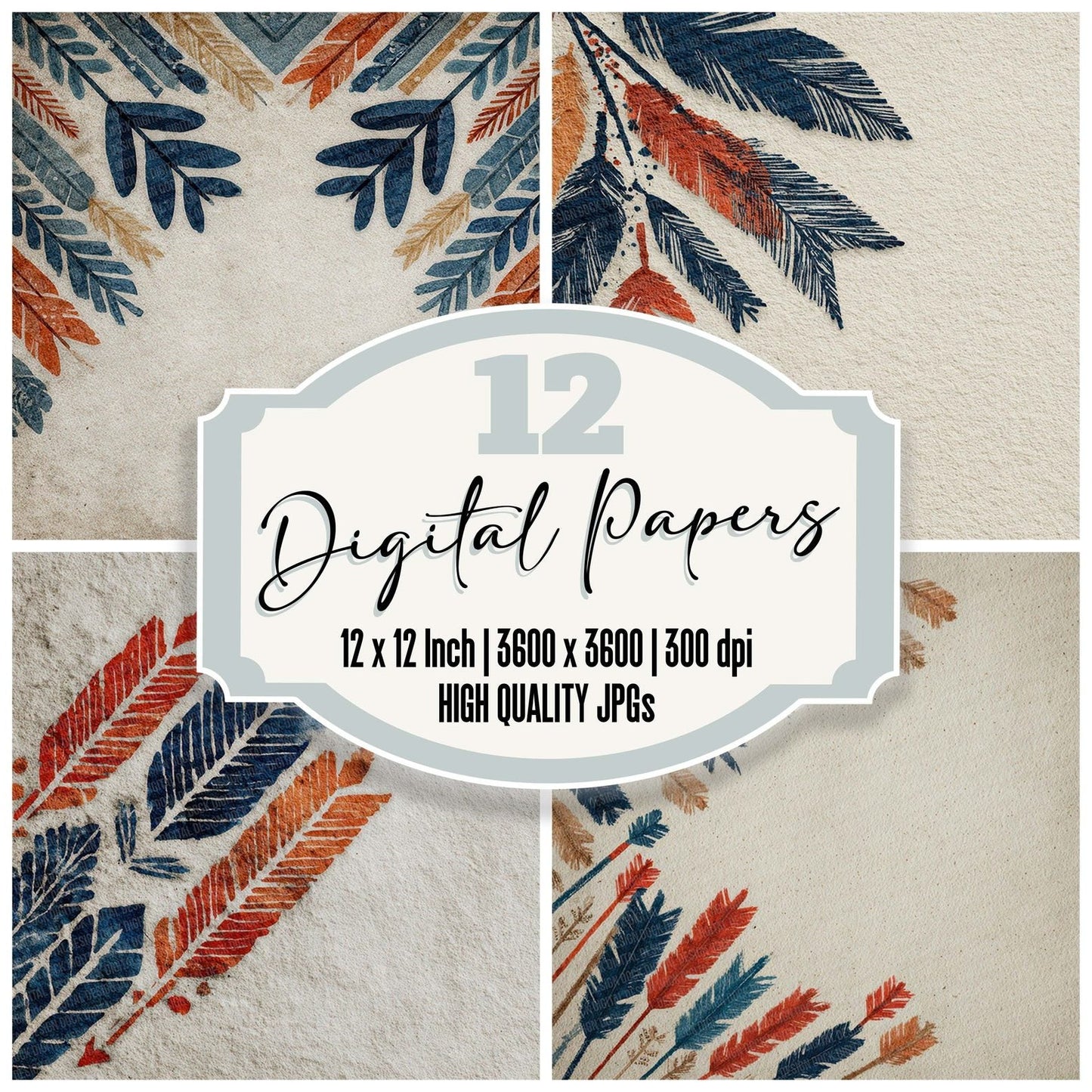 Tribal Arrow Feather Navy Rust Digital Paper Pack (DDD004062)