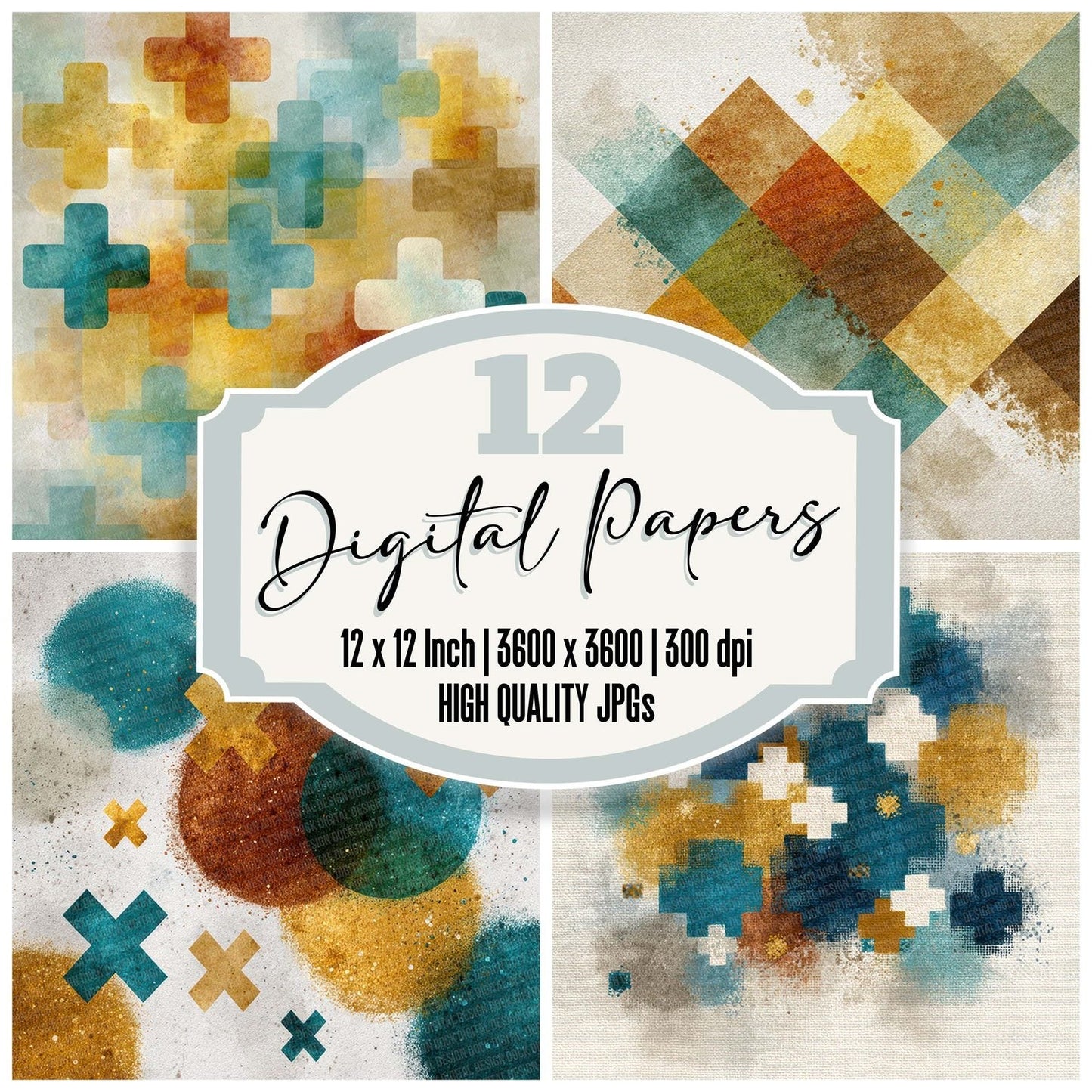 Tribal Cross Teal Ochre Digital Paper Pack (DDD004067)