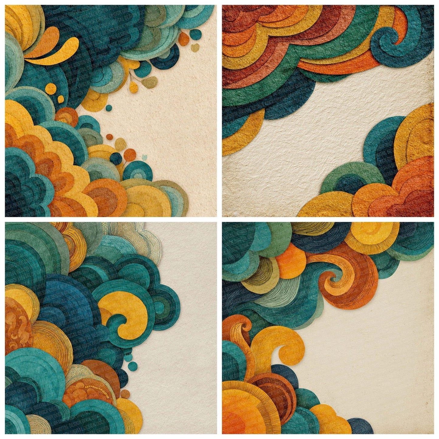 Tribal Curl Wave Teal Mustard Digital Paper Pack (DDD004068)