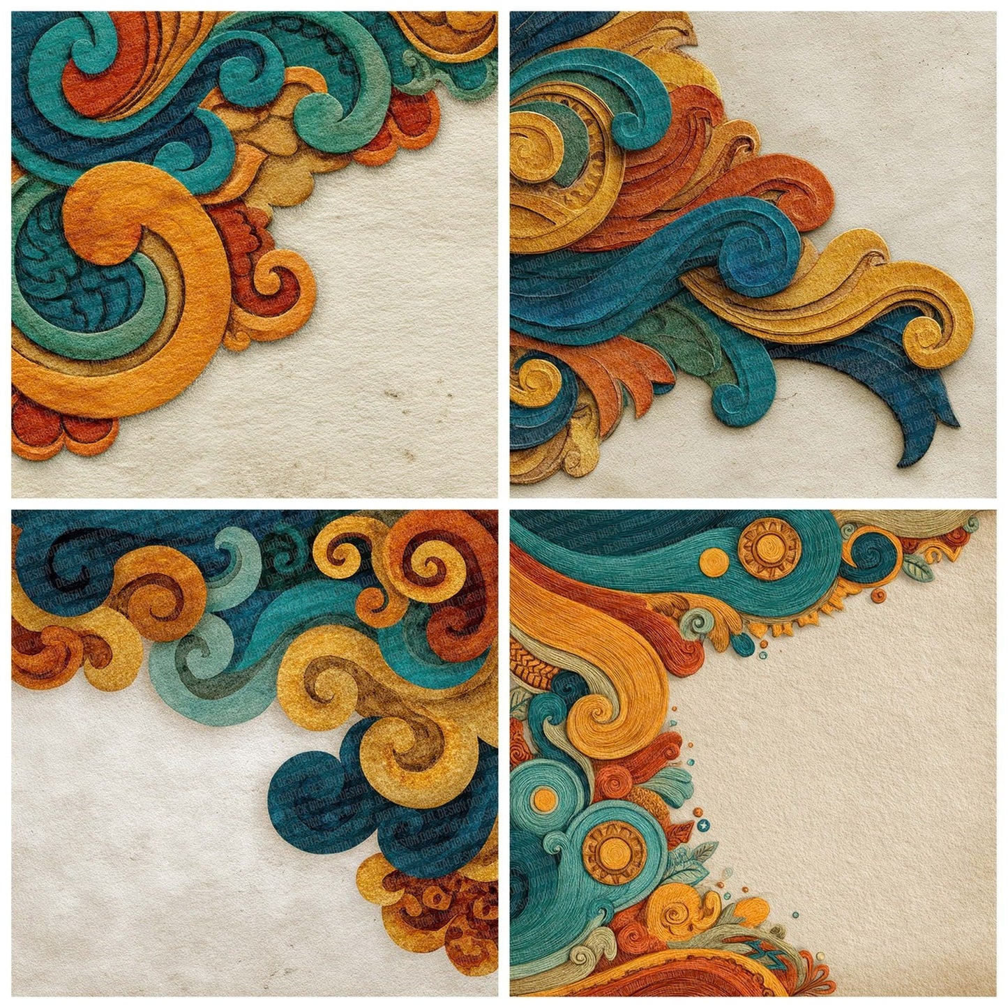 Tribal Curl Wave Teal Mustard Digital Paper Pack (DDD004068)